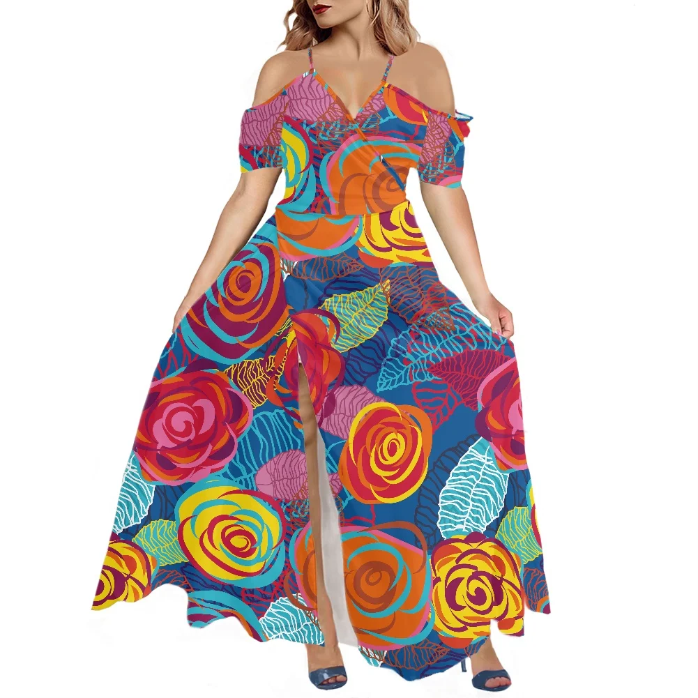 

Latest Maxi Summer Beach Colourful Rose Pattern Split Dress Woman Elegant Girls Halter Outfits Cold Shoulder Women Swing Dress