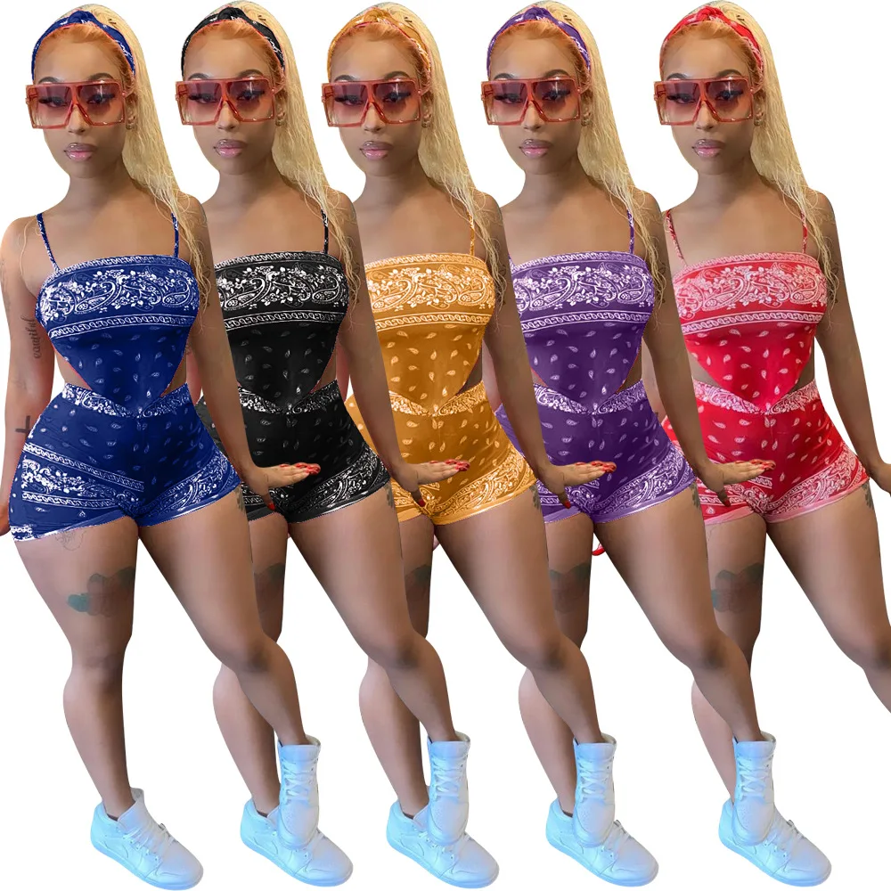 

Paisley Bandanna Print Sweatsuit Sexy Spaghetti Strap Irregular Crop Top and Shorts Two Piece Set Fashion Tracksuit Outfits