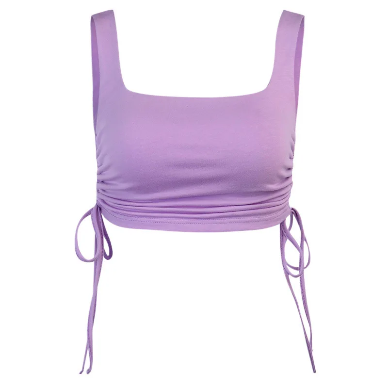 

Sexy Solid Colors Square Collar Crop Tops Summer Skinny Tank Tops with Bandage Drawstring Women Sleeveless Casual Street Tshirts