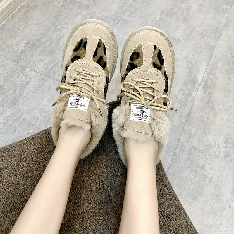 Обувь Женская замшевая плюшевая леопардовая обувь на плоской подошве со