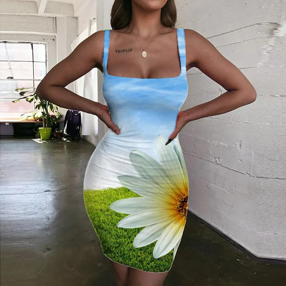 

Giyu Brand Flower Dresses Women Flowers Vestido Sexy Blue Sky 3d Print Landscape Sundress Womens Clothing Club New Beach Femme