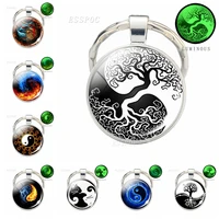 fashion metal keychain yin yang cat tree of life luminous glass cabochon pendant keyring car key holder