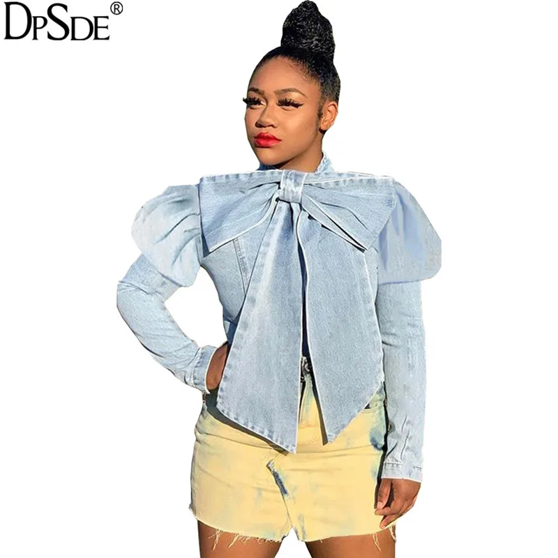 DPSDE Big Bowknot Casual Denim Top Full Bubble Sleeve Streetwear Short Light Blue 2020 Autumm Show Thin Age Reduction | Женская одежда