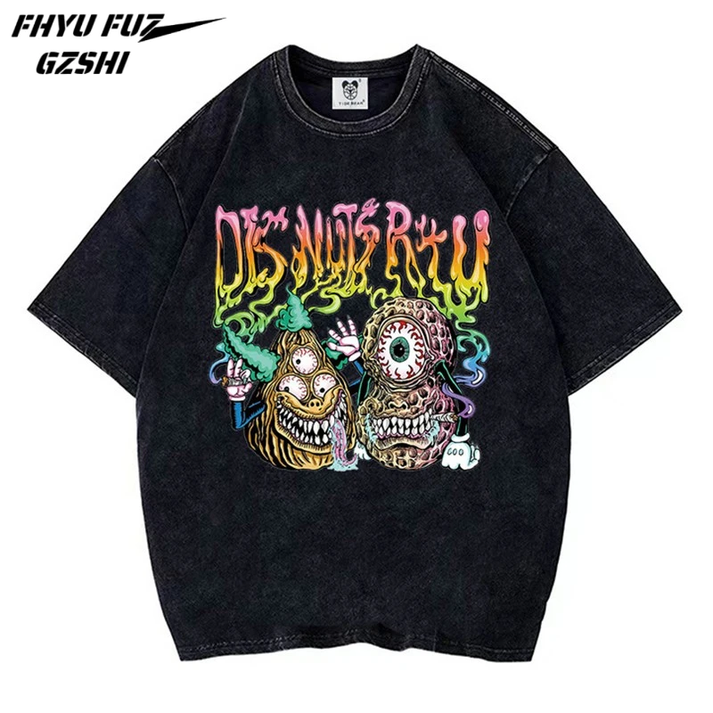 

Summer Street Casual Men Women Streetwear Edgy Punk Tee Cotton Creativity Gothic Monster Print Loose Short Sleeve T-shirt WY03