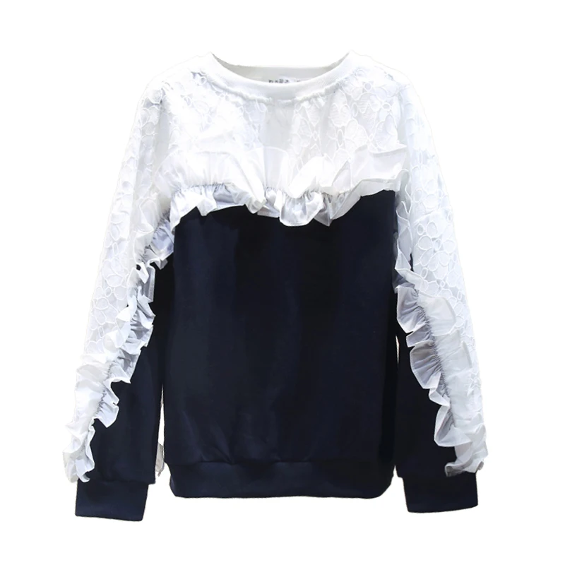 

Lace Stitching Chic Sweatshirt for Women 2021 New Fleece-Lined Thickened Popular Pullover Hoodies Grey Black