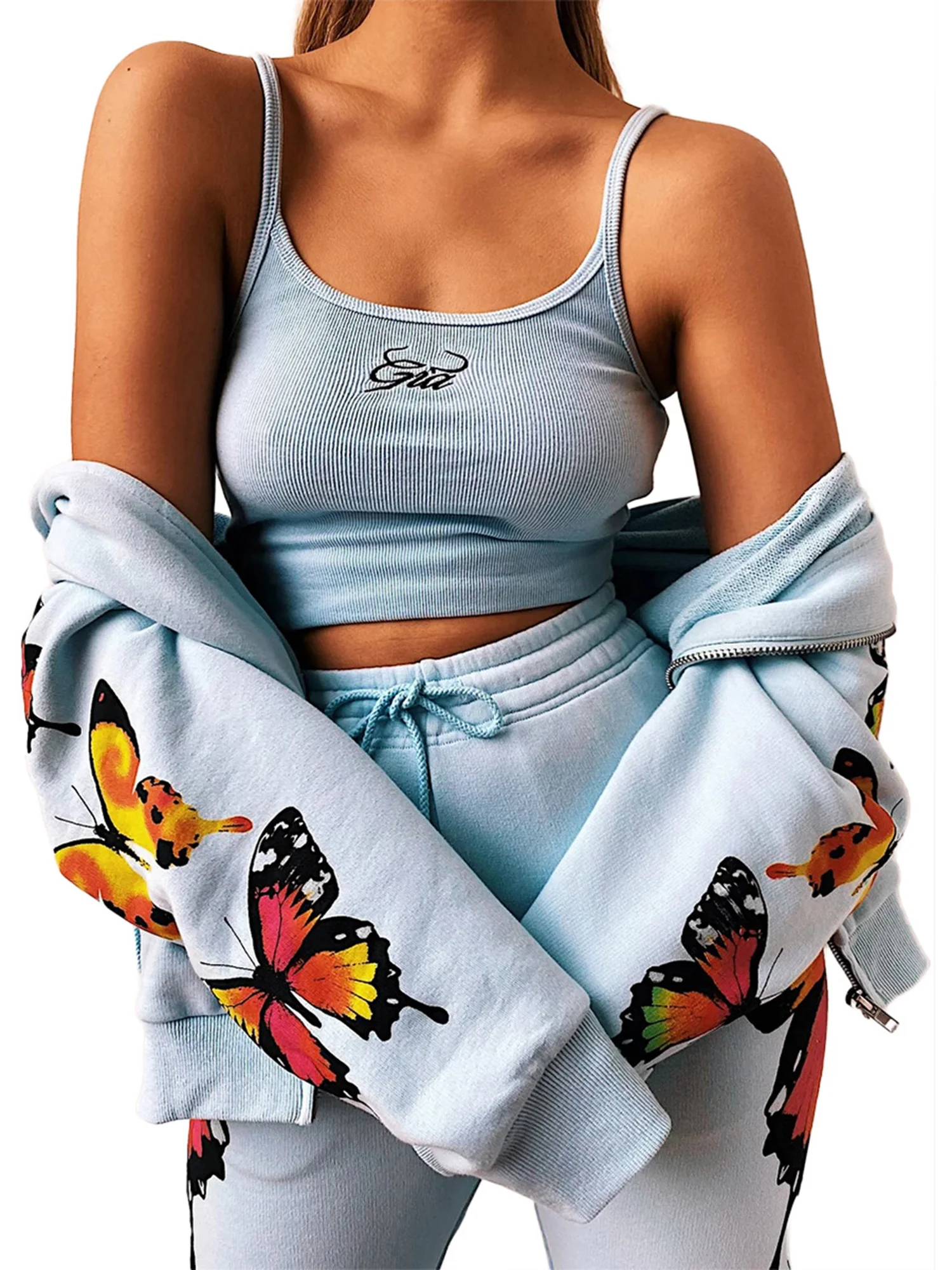 Женская одежда на тонких бретельках майка с низким вырезом + толстовка молнии