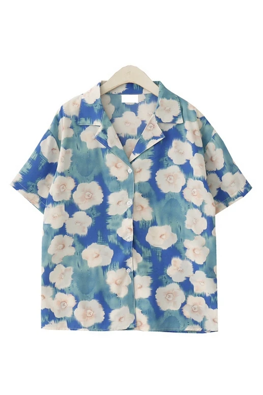 

Women's Blouses and Shirts Summer in South Korea port flavor small design on holiday wind printing short sleeve shirt female