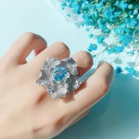 hoyon haute couture luxury full aquamarine swiss blue topaz flower pigeon egg ring necklace jewelry set