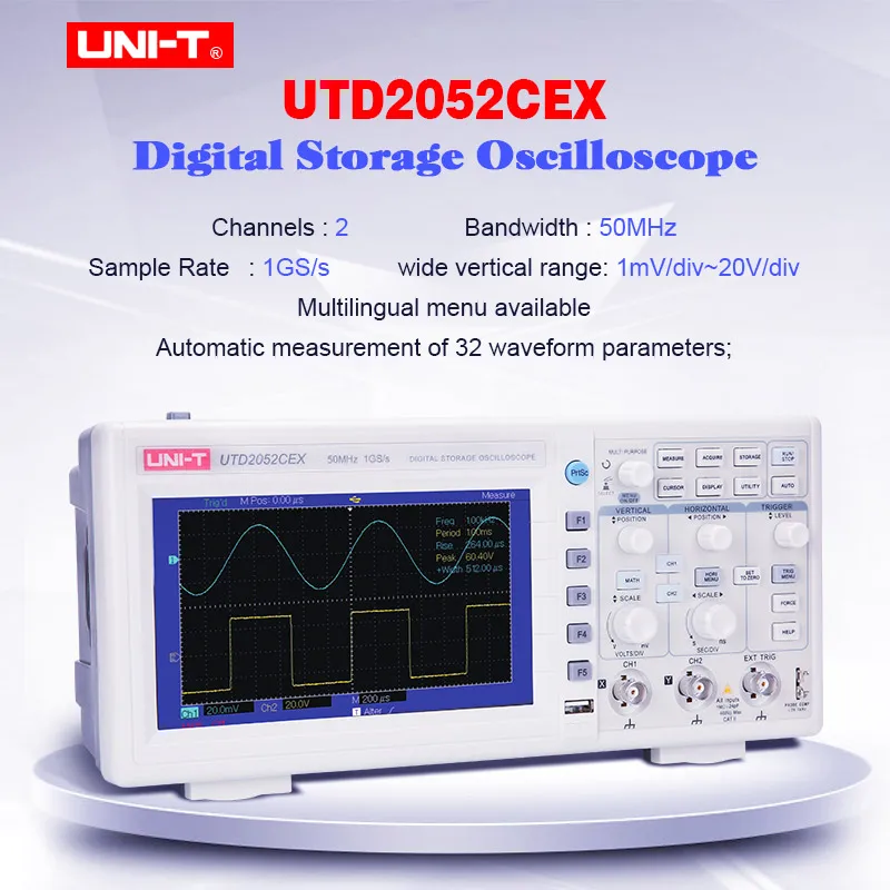 

UNI-T UTD2052CEX Digital Storage Oscilloscope 2 channel 1GS/s sample rate Desktop oscilloscope 64k Color TFT LCD 50MHz Bandwidth