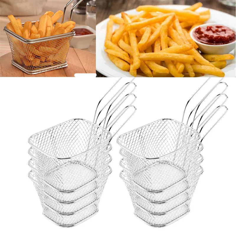 8PCS Mini Stainless Steel Fry Baskets Chips Presentation Basket Strainer Food Basket Kitchen Tool Cooking French Fries Basket