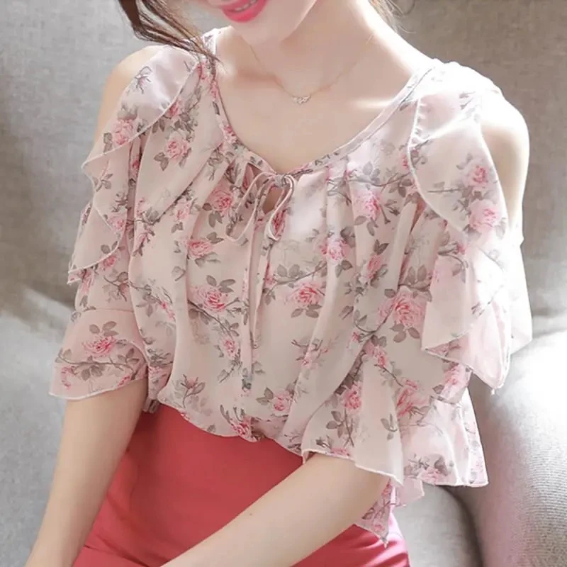 Блузка женская шифоновая с цветочным принтом милый модный топ оборками и