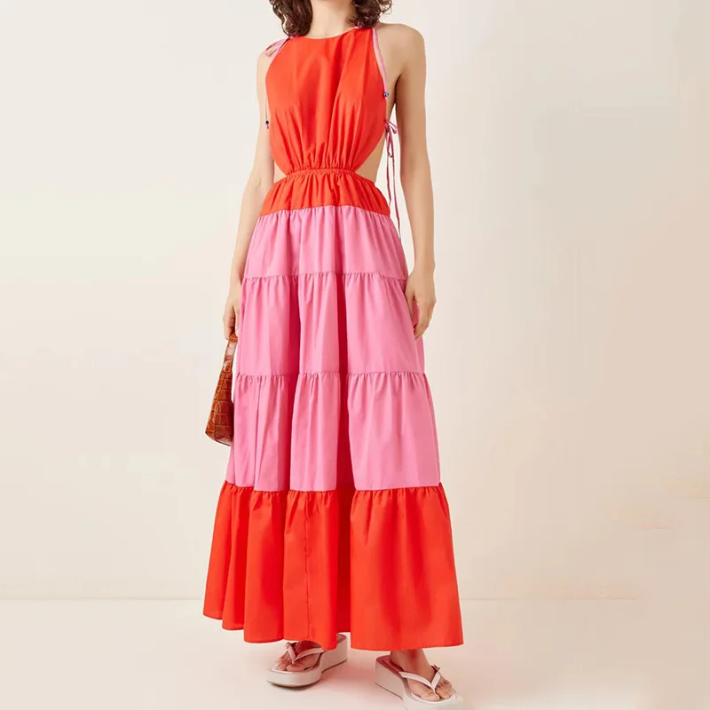 

Australian summer popular logo 2021 new bright contrast color stitching neck hung posed long dress backless accept waist