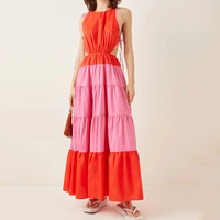 australian summer popular logo 2021 new bright contrast color stitching neck hung posed long dress backless accept waist