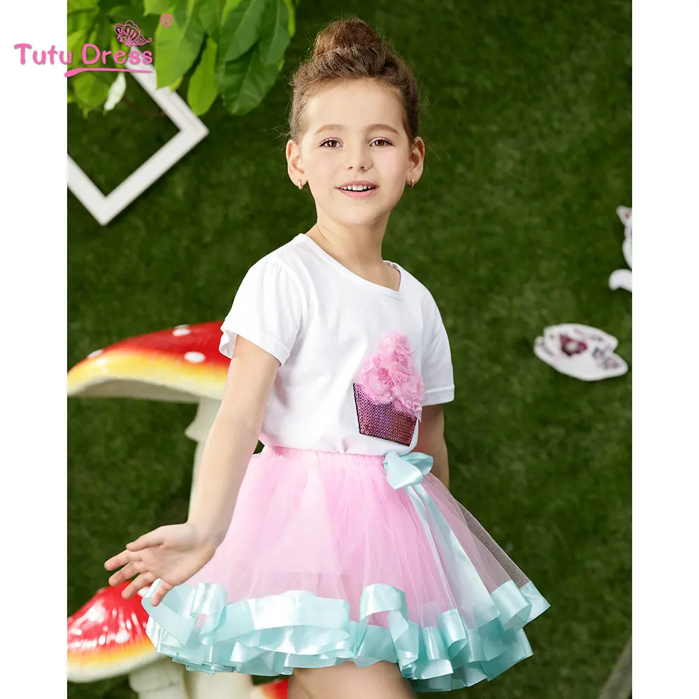 Комплект одежды с пачкой на день рождения футболка розовая синяя гофрированная