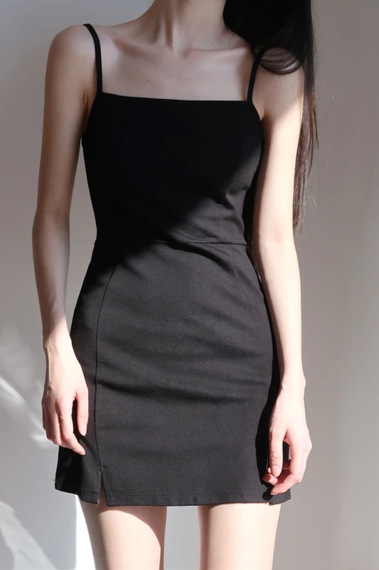 

2021 Summer Slim Woman Spaghetti Strap Dresses Sexy Side Split Solid Color Summer Mini Dress Black Camisole Dress