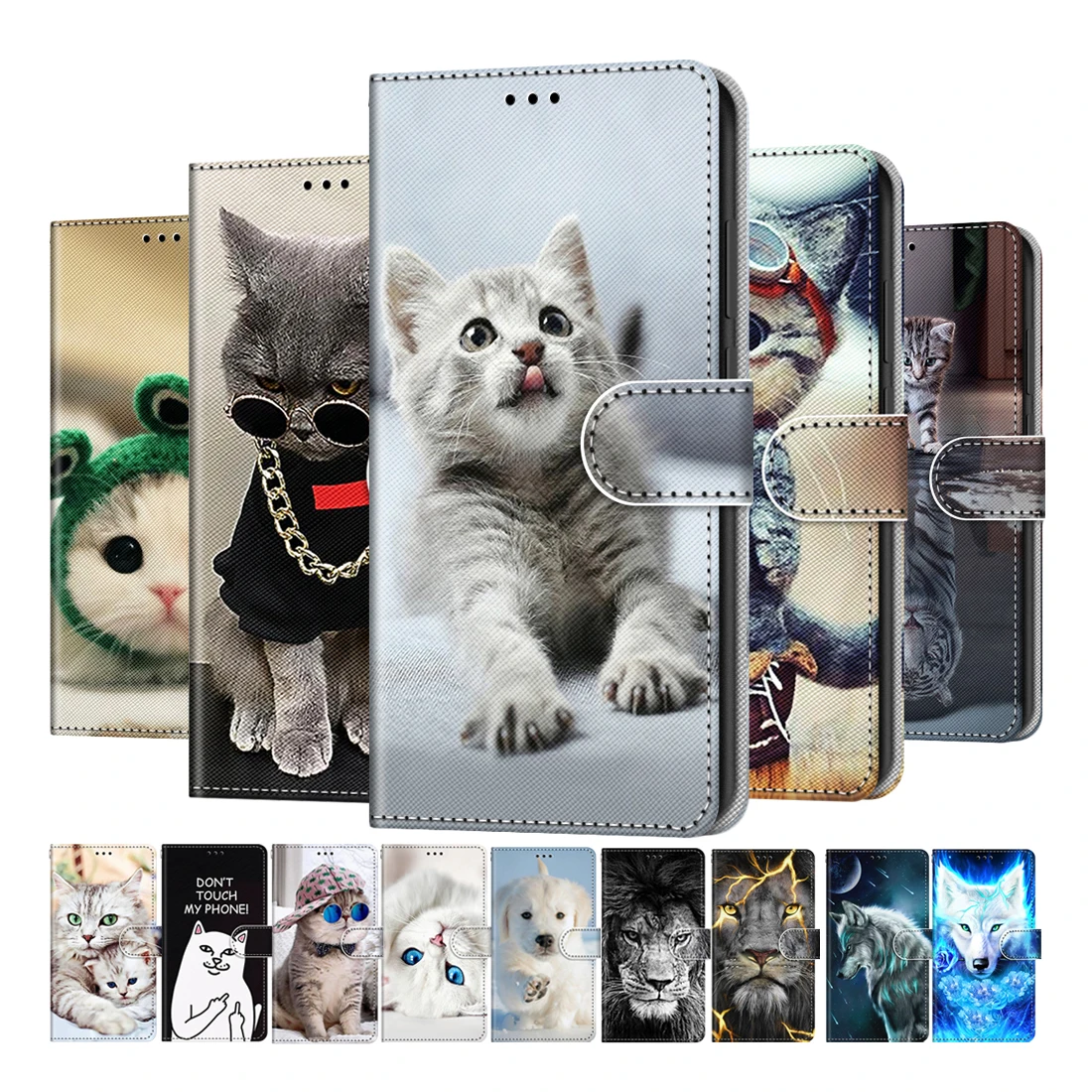 Чехол-Кошелек Etui с милым рисунком кота льва для OPPO A5 2020 A9 A52 A72 A92 A32 A33 A53 A53S A93 4G |