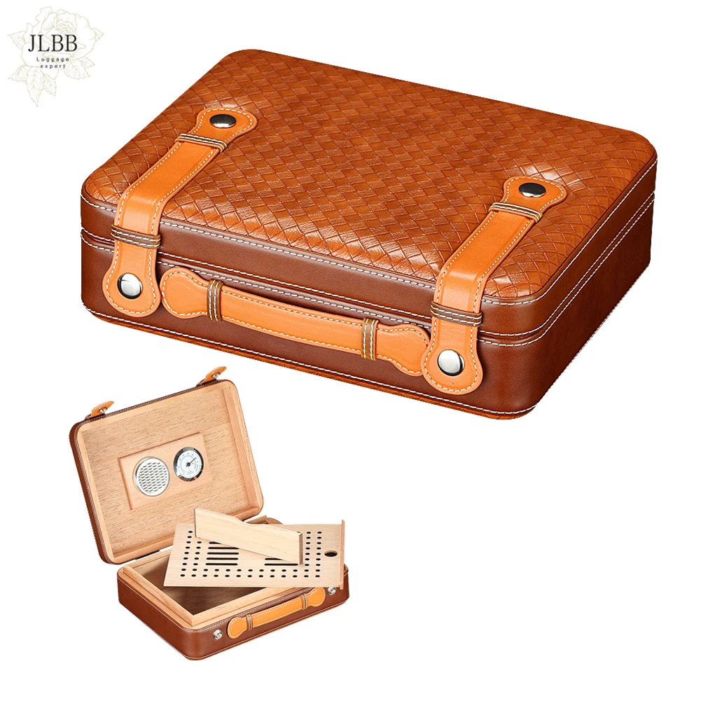 

Leather Travel Humidor Cigar Case Portable Outdoor Cigar Humidor Box Retro Grid Case W Humidifier Hygrometer