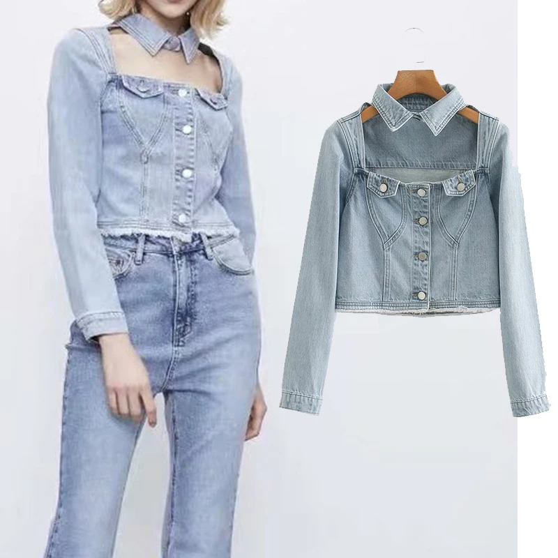 

2020 women's denim Cutout lapel jacket korean style solid casual blue Short jackets autumn loose jeans coats female