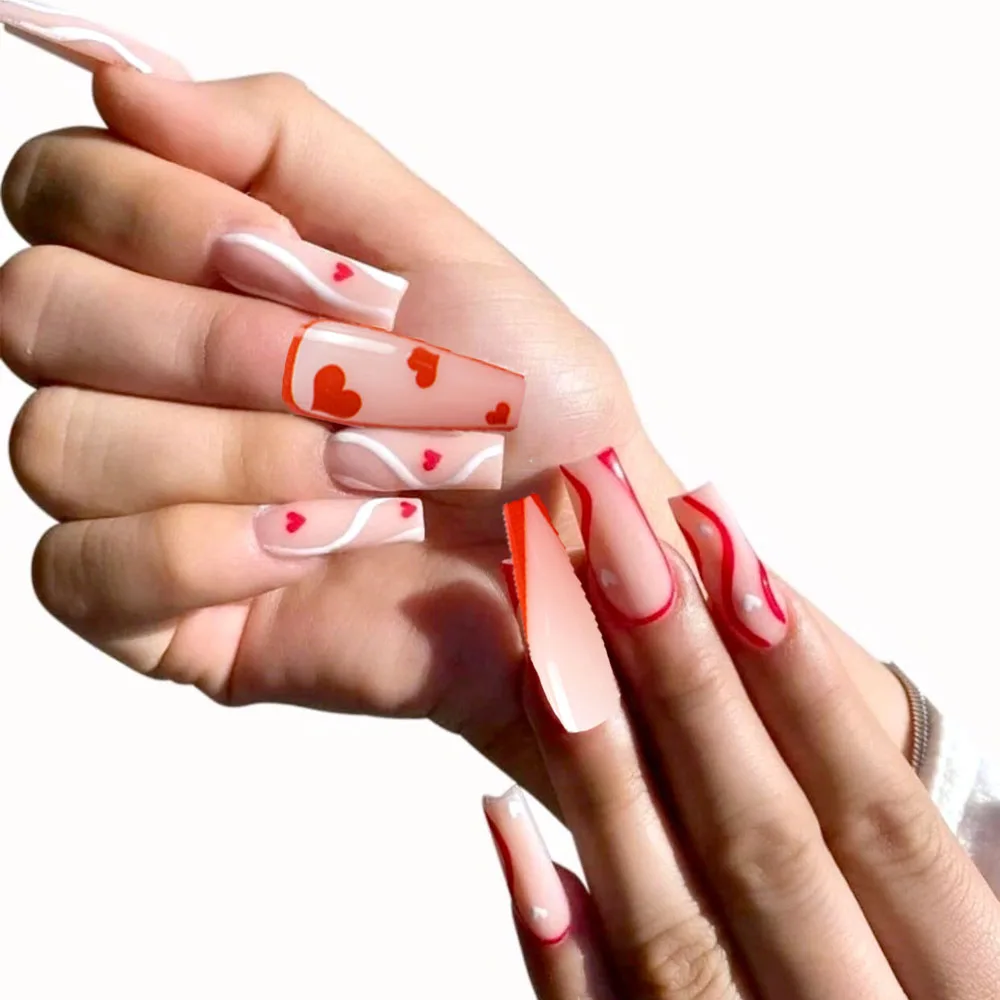 

False Nails Long Coffin with nail Glue Love Press on Nails • Hand painted 24PCS • Fake Nails • False Nails • Artificial Nails