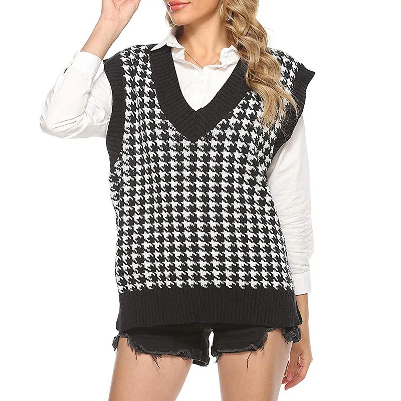 

Вязаный свитер с рисунком «гусиная лапка», жилет, женская одежда, свободные клетчатые Свитера без рукавов, осенне-зимний модный жилет, Подро...