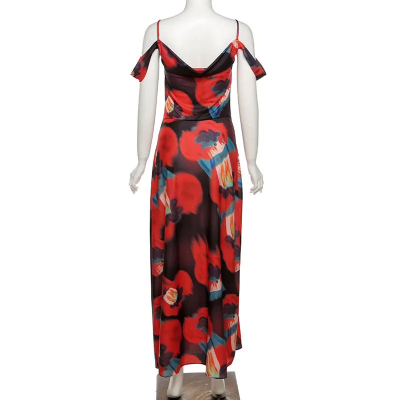 

Women Vacation Red Black Floral Print Maxi Dress 2021 New Summer Off The Shoulder Sheath Sexy Pile Collar Floor-length Dress