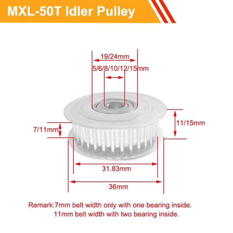 MXL 50T Idler Bearing Motor Pulley with/without Teeth 7mm/11mm Belt Width 5/6/8/10/12/15mm Bore Tooth |