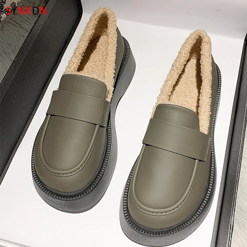 

SYNXDN Winter Women Loafers Plush Slip On Women Shoes Women's Flats Leather Shoes Moccasins Lady Thick Heel Shoes