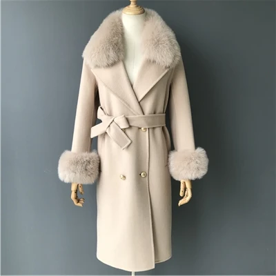 Beige MAOMAOFUR кашемировое шерстяное пальто воротник из натурального Лисьего меха пиджак с манжетами с поясом Зима Осень Женское шерстяное пальто - Цвет: Beige