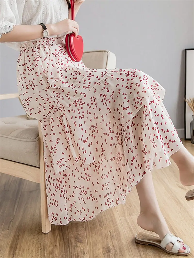 

Spring Summer Skirts Women 2021New High-waist Irregular Chiffon Women Wild Floral Ruffle Cake Jupe Femme Casual Saias r60