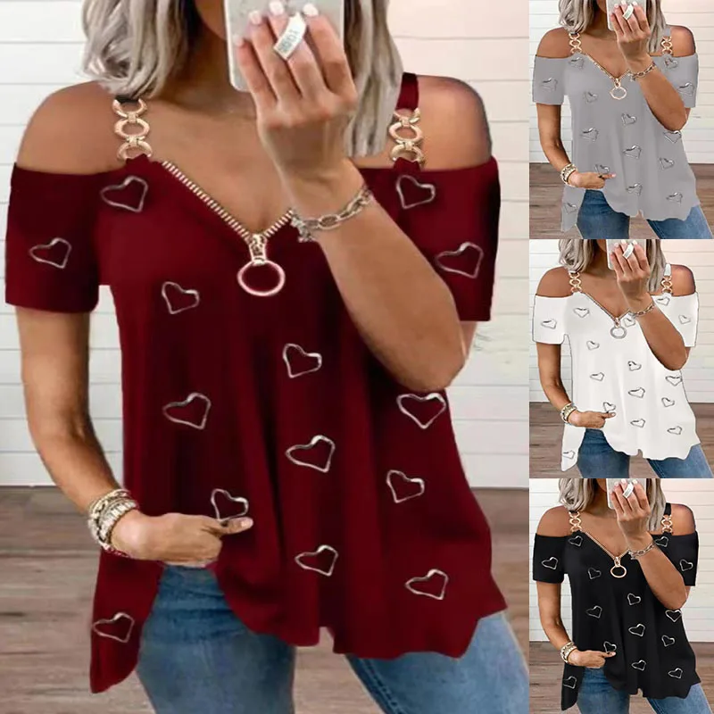 

Zipper Deep V Neck Heart Print Short Sleeve Shirt Women's Sexy Summer Casual T Shirt Fashion Loose Plus Size Pullover Sling Tops