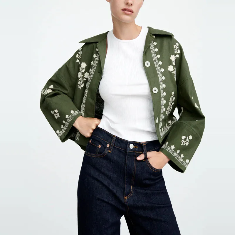 

Женская блузка с вышивкой ZA, однотонная зеленая винтажная укороченная блузка на пуговицах с длинным рукавом, осень 2021