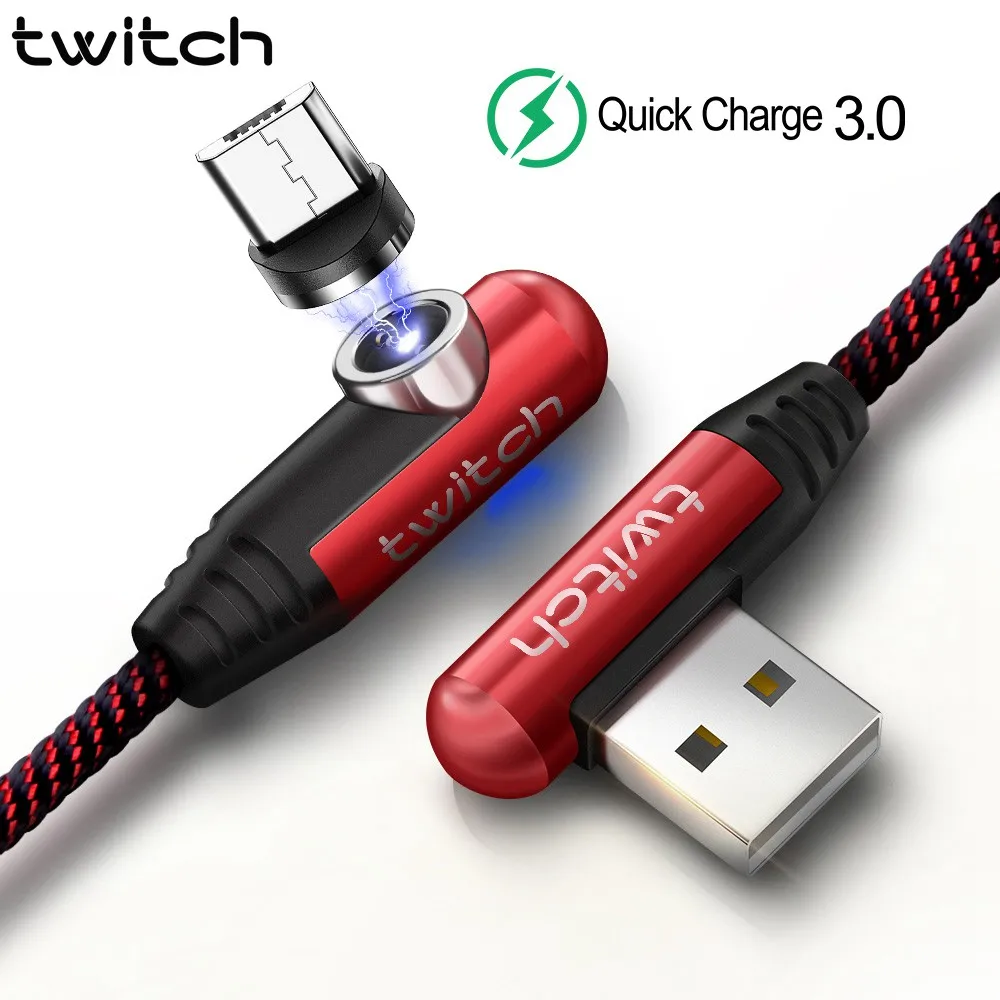 Магнитный кабель Twitch 90 градусов 2 м 1 Micro usb 3A шнур для быстрой зарядки Samsung Xiaomi Sony HTC