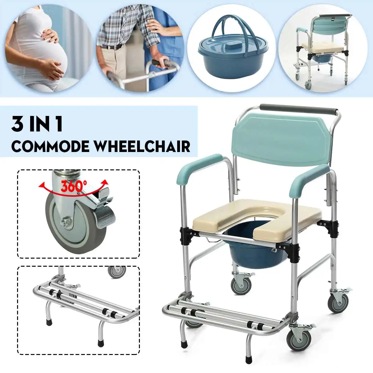 

Commode Wheelchair 3 in1 Toilet Shower Seat Potty Bathroom Rolling Chair Durable Waterproof Soft Cushion Lightweight Foldable