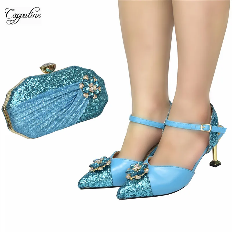 

Женские туфли-лодочки и кошелек небесно-голубого цвета, комплект с сумочкой-клатчем на высоком каблуке 938-16 8 см