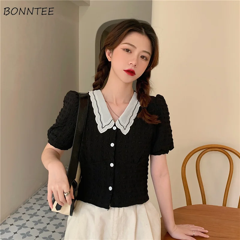 

Shirts Women Puff Sleeve Female Chic Patchwork Ulzzang Leisure Summer Tender Thin Simple Cozy Mujer Blusas Basic Crops Clothing