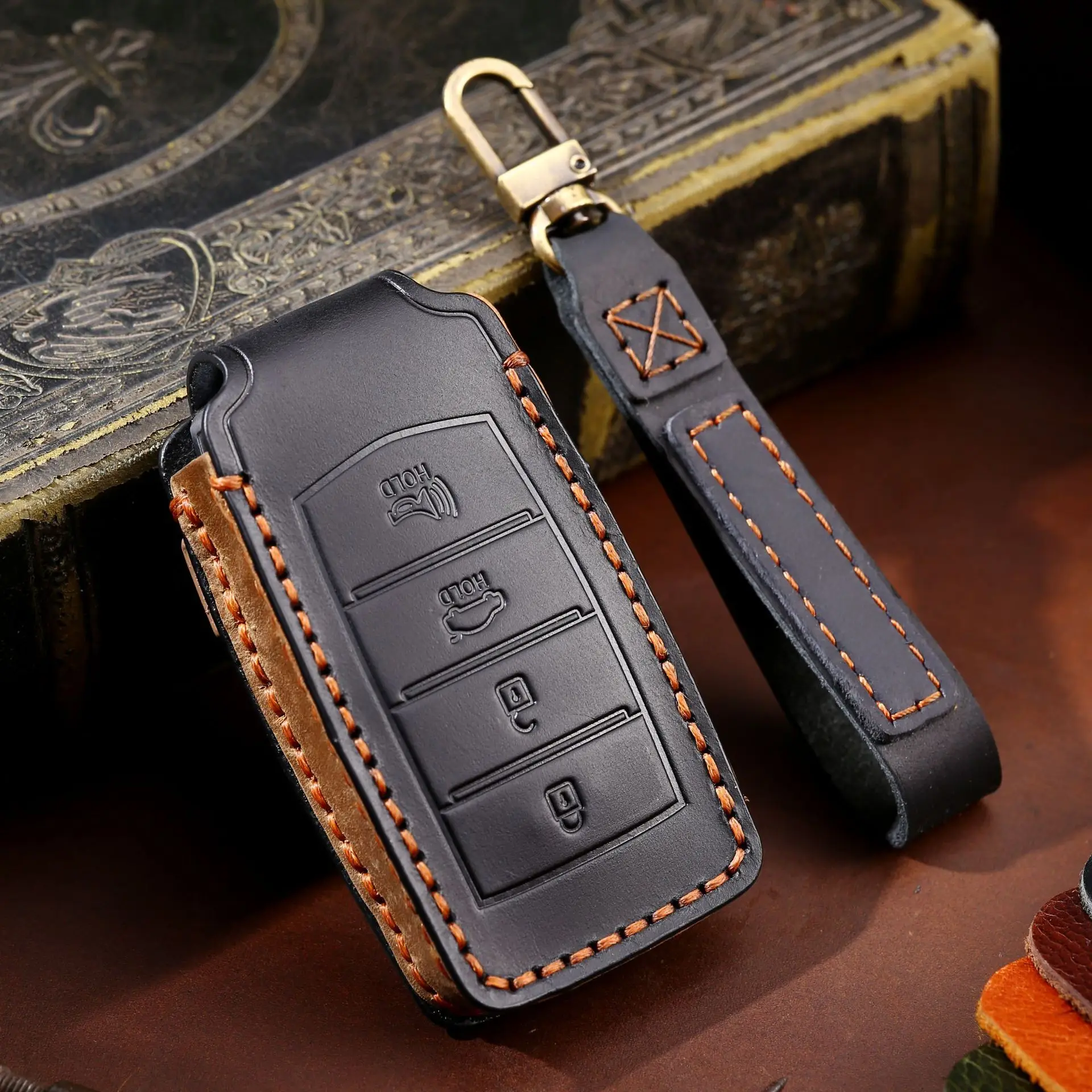 

Handmade Leather Car Key Cover Case for Hyundai Genesis 2017-2020 G70 G80 G90 4 Buttons Keyless Entry Remote Auto Accessories