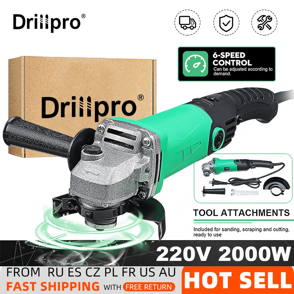 Электрическая угловая шлифовальная машина Drillpro 11000 об/мин 6 скоростей 2000 Вт для