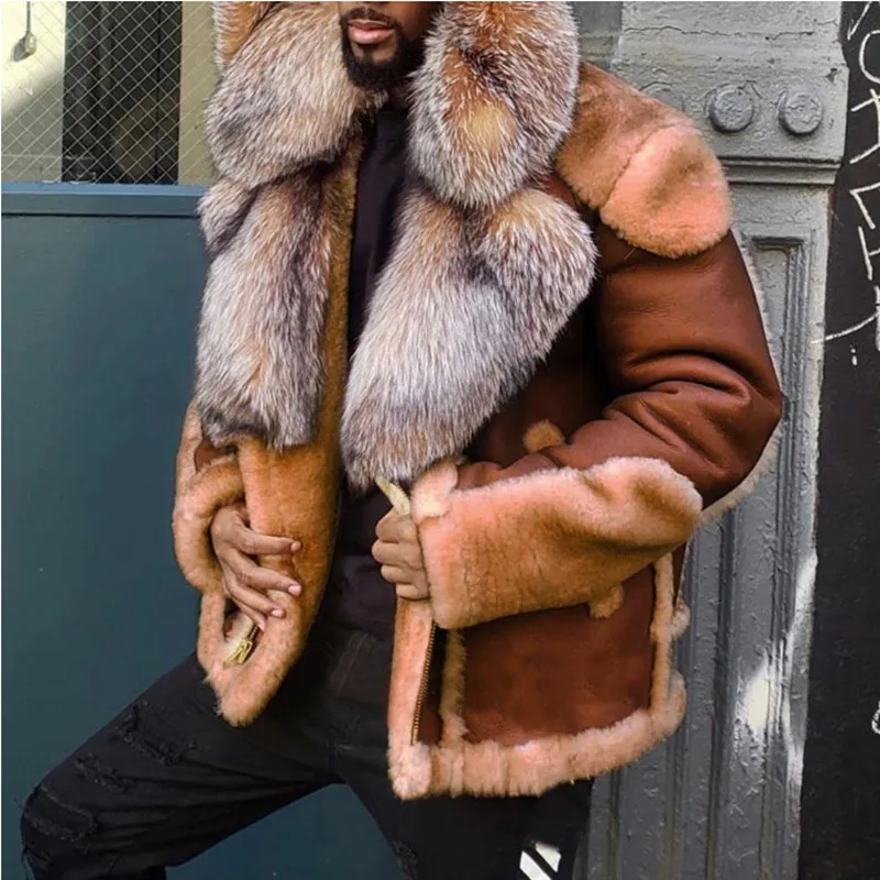 

Men Fur Jacket Winter Warm Plus Size Vintage PU England Style Wool Liner Lapel Full Sleeve Faux Fur Coat