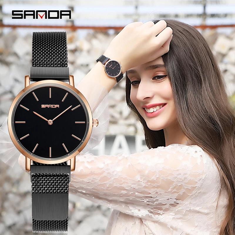 

SANDA 7mm Super Slim Rose gold Stainless Steel Watches Women Top Brand Luxury Casual Clock Ladies Wrist Watch Relogio Feminino