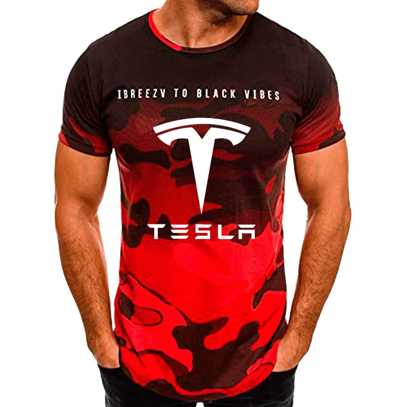 

Футболка мужская с коротким рукавом, хлопок, камуфляжная расцветка, принт логотипа автомобиля Тесла, модный топ в стиле Харадзюку, на лето