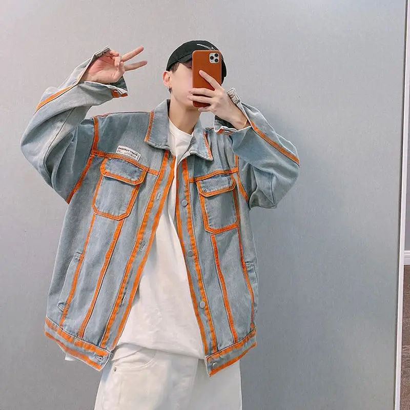 

Gothic denim jacket men's contrast denim jacket autumn new American retro personality hip hop high street style blue coat trend