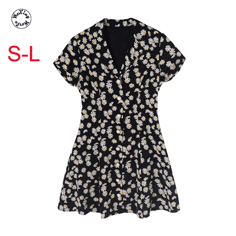 

Silk dress summer French Platycodon small daisy super fairy series sweet high waist show thin silk dress S to L