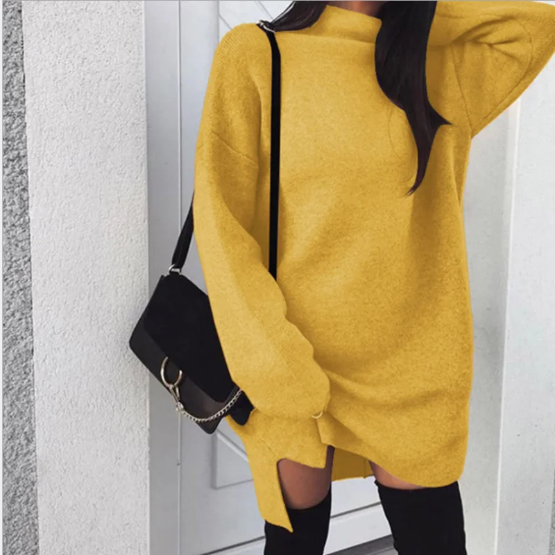 

2021 New Women long sweatshirt Dress Autumn Winter Warm Long Sleeve Turtleneck Slit Pullover Casual Solid Loose Dresses Jumper