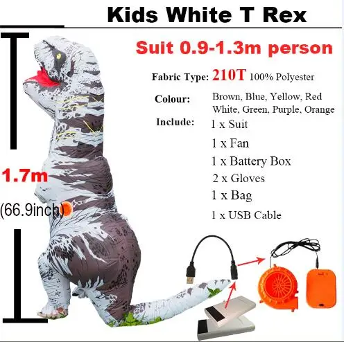 Kids White T rex Мир Юрского периода взрослый Велоцираптор Костюм надувной T REX Raptor костюм Косплей динозавр вечеринка Хэллоуин костюм для женщин и мужчин - Цвет: Kids White T rex