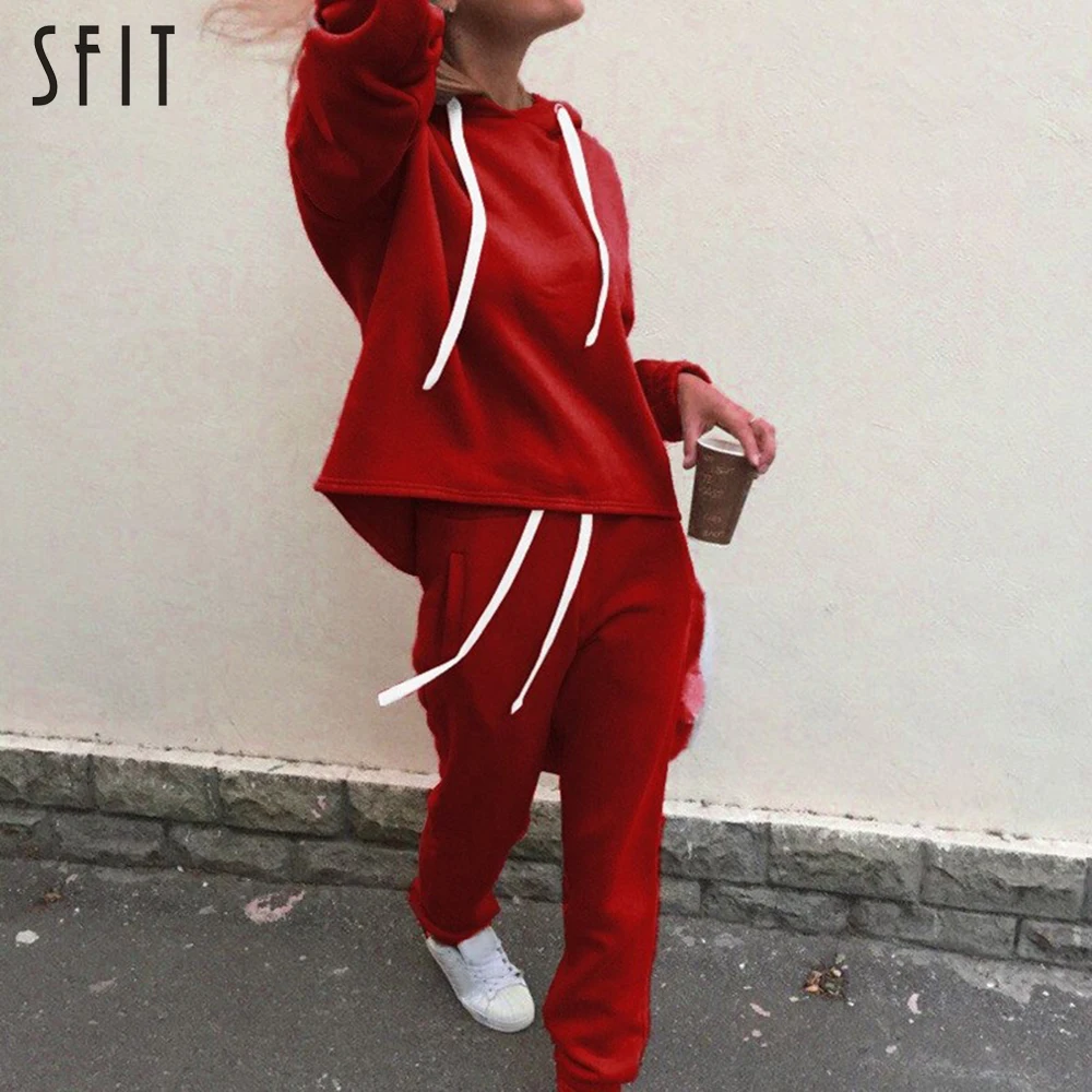 SFIT Осень Зима 2 шт костюм женский с капюшоном укороченный спортивный костюм длинный рукав сплошной цвет спортивные брюки Повседневный Модный комплект