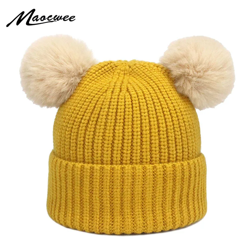 Зимняя детская вязаная шапка с двумя помпонами из искусственного меха меховым