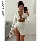 Сексуальный комплект BOOFEENAA из двух предметов, белая рубашка с длинным рукавом, мини-юбка с разрезом, подходящие комплекты, одежда для отпуска, Клубное платье, костюмы