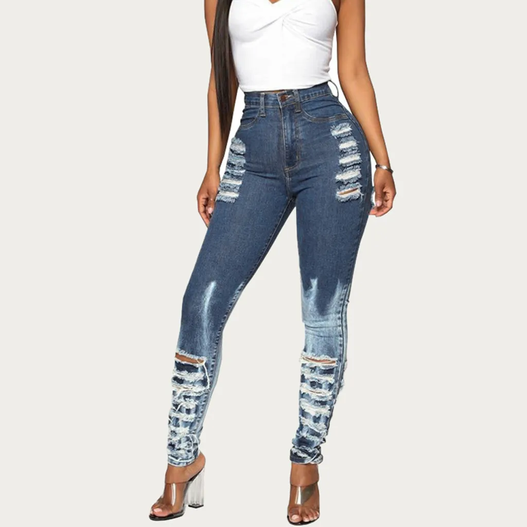 Женские Эластичные отбеленные джинсы с карманами повседневные облегающие