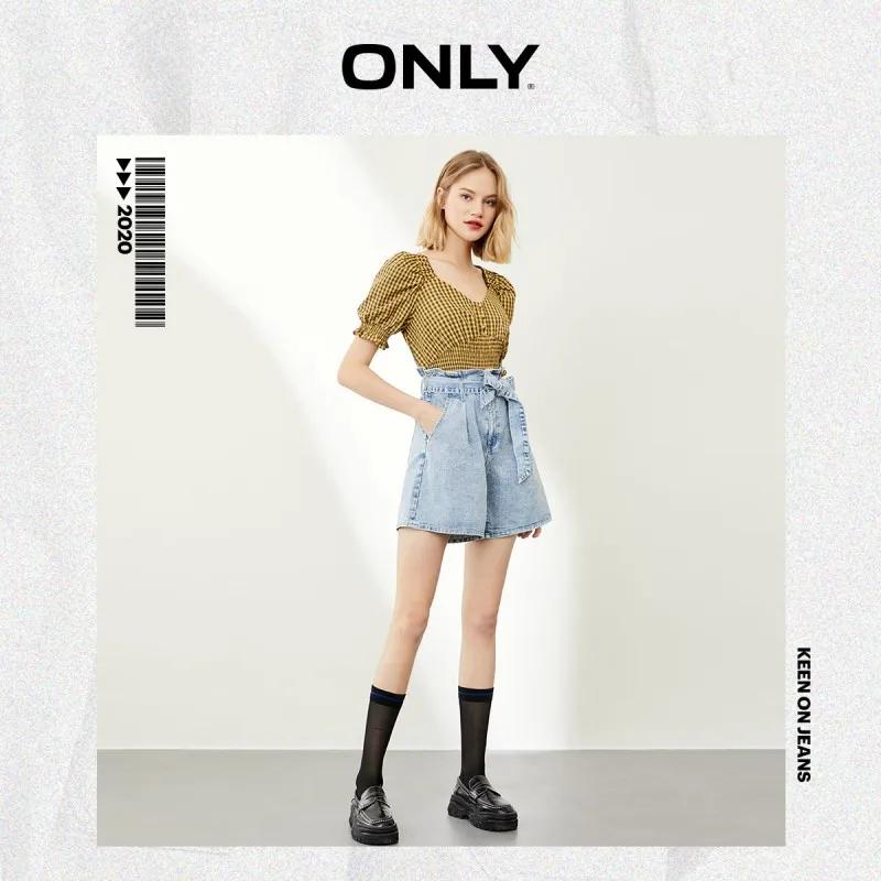 

ONLY summer new style A-line pocket embroidered belt decorative design denim shorts women | 120343010