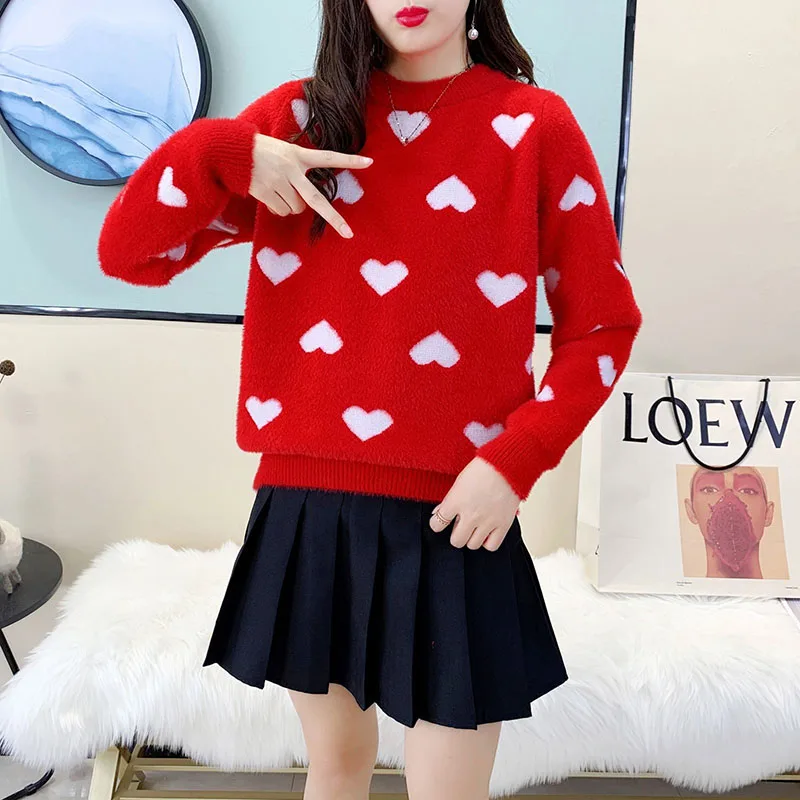 

Осень-зима 2021, свитер в форме сердца для женщин, Рождественский вязаный кашемировый свитер из норки, корейский пуловер, пушистый джемпер